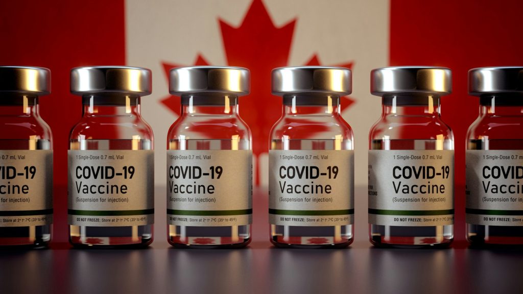 Corona Vaccines / Covid Vaccine Ampules / Vaccination in Canada Flag